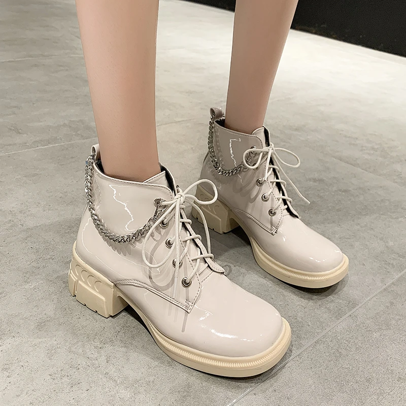

Ankle Boots Women Genuine Cow PU Lace-Up Round Toe Lady Booties Autumn Winter Platform Sole Shoes Handmade