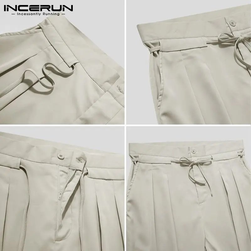 

INCERUN Men Pants Solid Color Lace Up Pockets Joggers Casual Trousers Men Streetwear Cozy Fashion Korean Straight Pants S-5XL