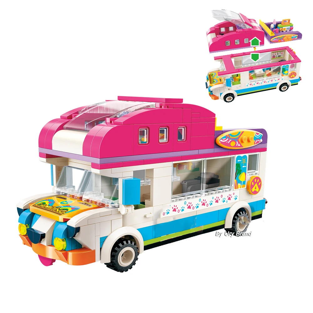 

Cherry Beach Doggy Camping Car Wagon Qman Friends Set Educational Model Building Blocks Toys Children Girls Education Gift