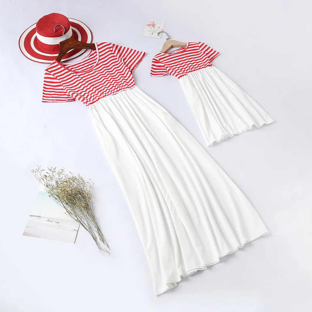 

Family Set Clothes Mommy and Me Clothes Striped Patchwork Short Sleeve Dress Family Matching Outfits Mother Daughter Clothes New