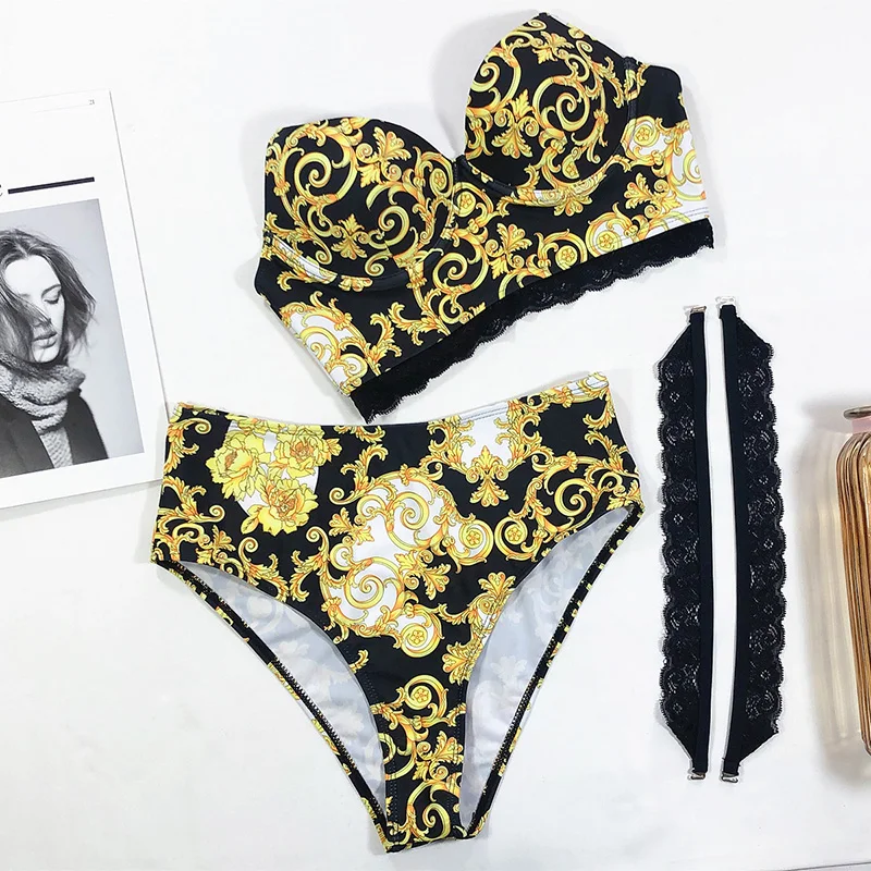 

Vintage Sexy Bikini Set Women 2020 Lace Yellow Black Floral Two Piece Swimsuits Push-up Padded Bra High Waist Bathing Beachwear