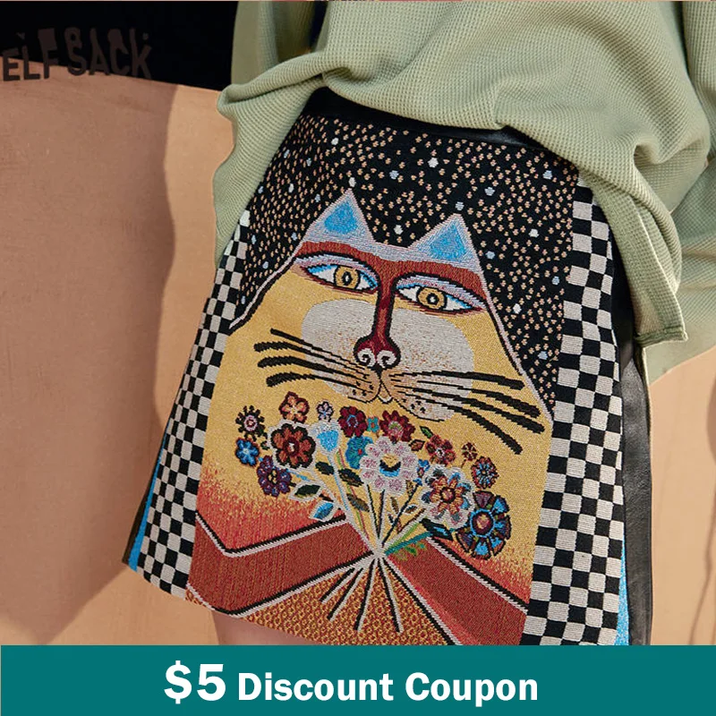 

ELFSACK Harajuku Cat Jacquard High Waist Casual Women Mini Skirts,2021 Winter Stylish Chic Sexy Ladies Bohemia Daily Bottom