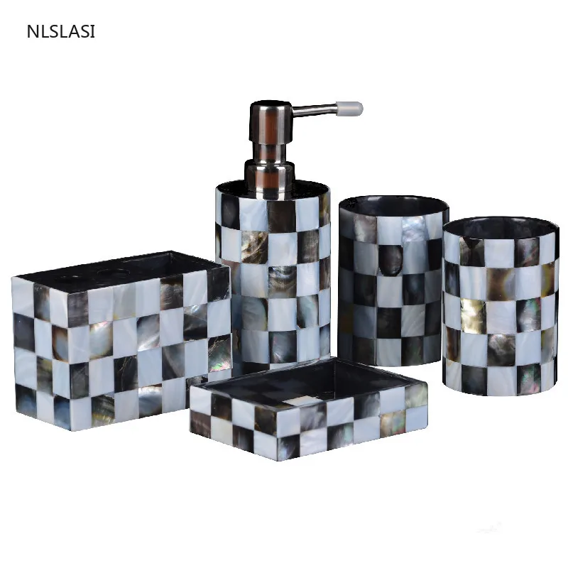 

Light Luxury Black and White Shells Resin Home Bathroom Accessories Set Gargle Cup Toothbrush Holder Soap Dispenser Soap Dish