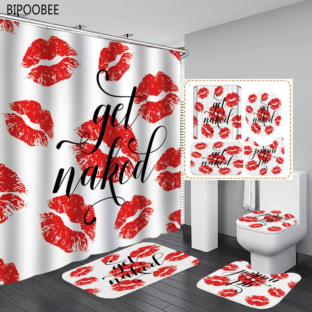 

Get Naked Pattern Bathroom Curtains Lips Print Shower Curtain White Non-slip Mat Bath Rugs Toilet Lid Cover Home Decoration