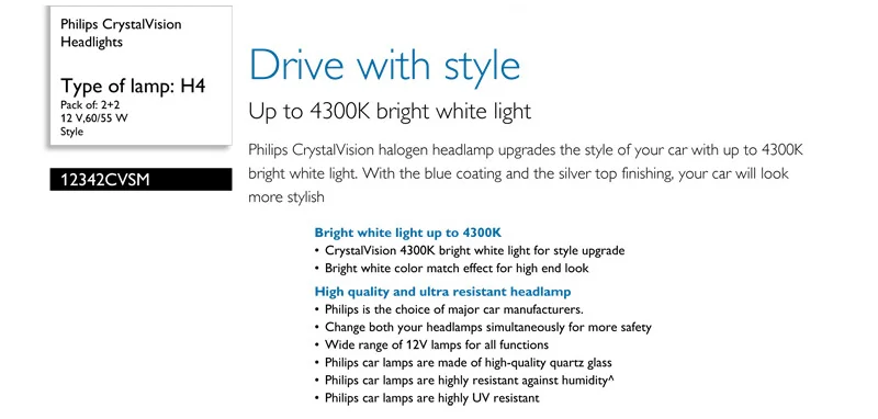 Philips H4 9003 HB2 12V 60/55W Crystal Vision 4300K белый светильник, галогенная лампа, автомобильный головной светильник, стильный вид, 12342 CVSM, пара+ 2x T10