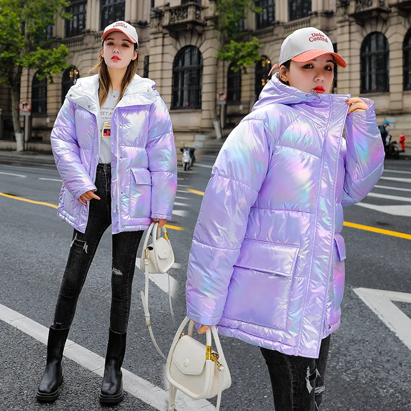 Shiny Color Down Jacket 2023 Autumn and Winter Parkas Korean Style Loose Mid-length Disposable Bread Jacket Cotton Coats Parkas