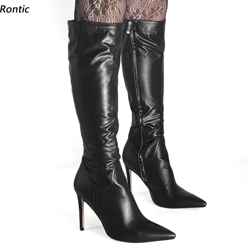 

Rontic Handmade Italian Style Women Winter Knee Boots Full Zipper Unisex Stiletto Heels Pointed Toe Black Party Shoes Size 35-47