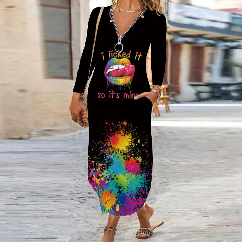 

New Autumn Women Long-sleeved Dress V-Neck Pocket Print Flower Casual Dress 3D Sunflower Retro Sexy Maxi Dress Ankle-Length