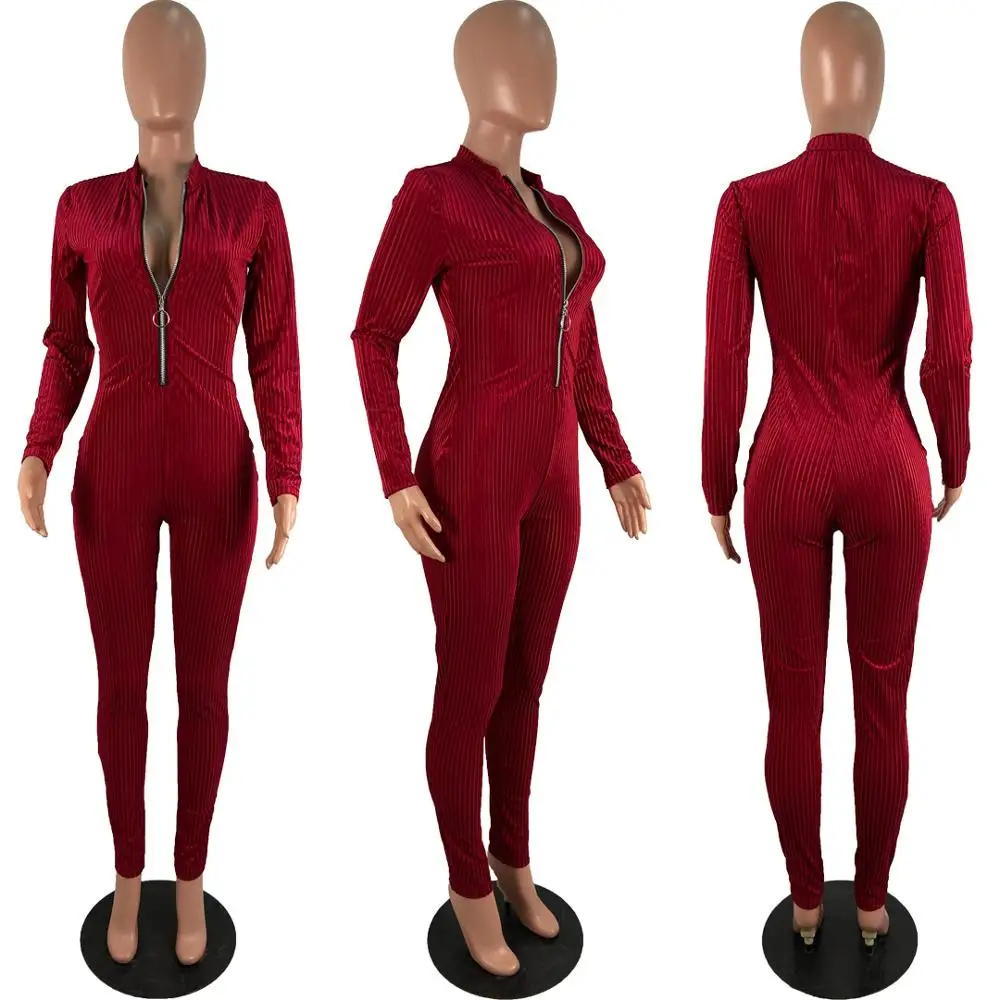 

Autumn new fashion solid color slim fit Jumpsuit casual V-neck zipper long sleeve women's top and pants
