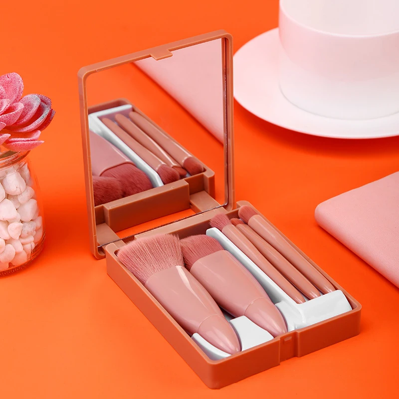 

5pcs Soft Hair Eyeshadow Brush Bean Paste Powder Makeup Mirror Box Set Professional Facial Portable Makeup Brush Travel Set