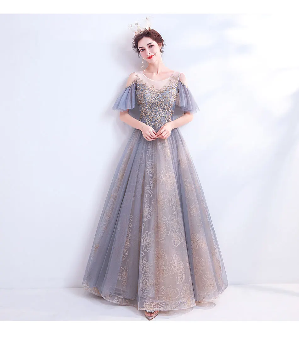 

New Applique Temperament Fairy Silk Net Dress Round Neck Fall Shoulder Sleeve Strap A Word Evening Dress