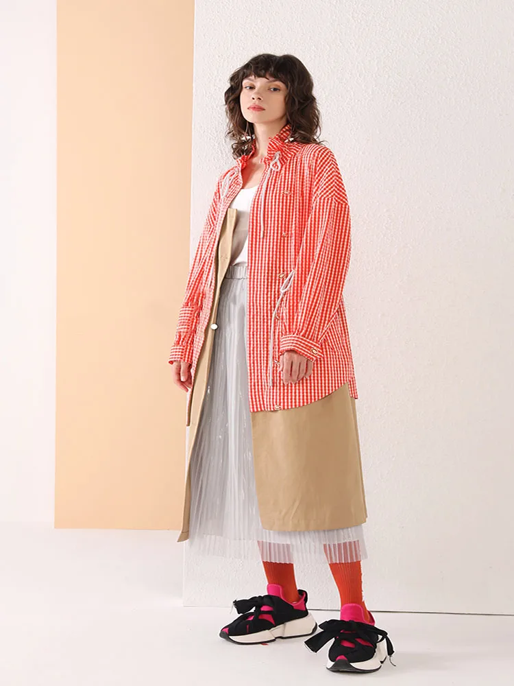 

2021 spring and summer new fashion stand-up collar tie waist plaid stitching long khaki windbreaker jacket