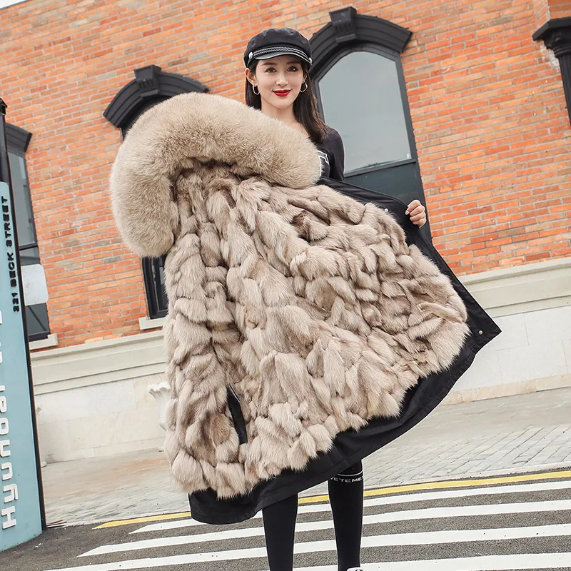 Вечерние зимние новинка 2020 лисий мех внутри пальто с капюшоном женские средней