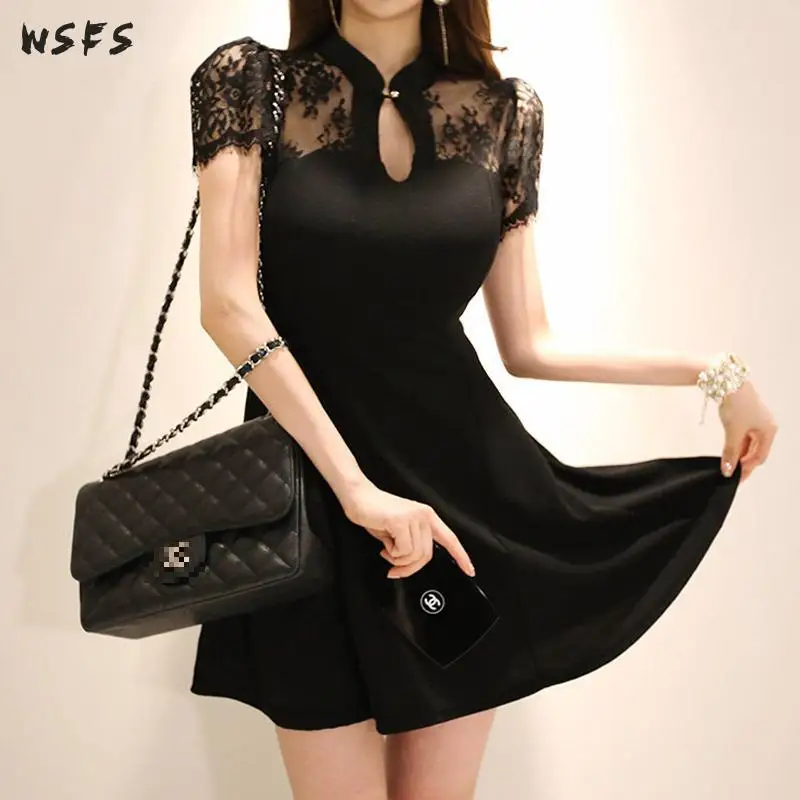 Летние платья черное кружевное женское платье с коротким рукавом прозрачное