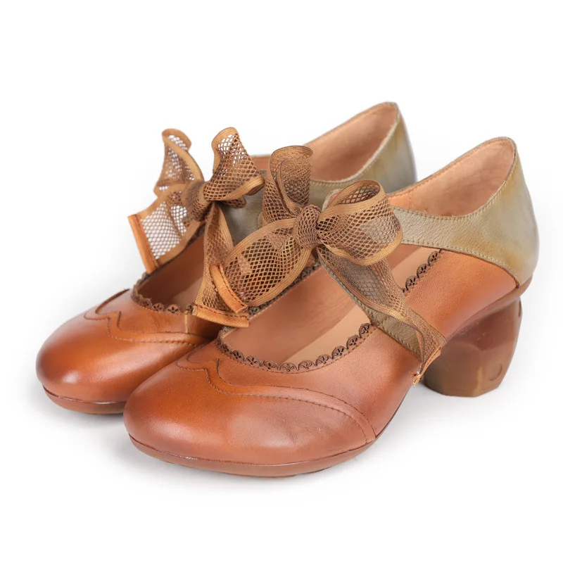 

autuspin New Style Retro Pumps Women Lolita Vintage Shoes Spring Autumn Female Genuine Leather Handmade Lady Lace Up High Heels