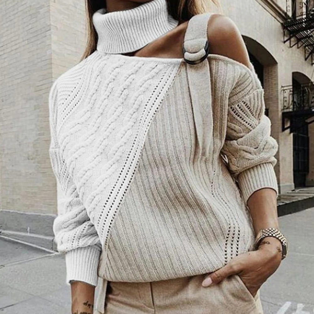 New Autumn Winter Women Turtleneck Sweater Female Fashion Dew Shoulder Long Sleeve Pullovers Casual Elasticity Knitwear CA6600 | Женская