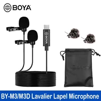 boya by m3d microphone dual head lavalier lapel condensador microfone mic with 6 meters cable compatible with type c interface