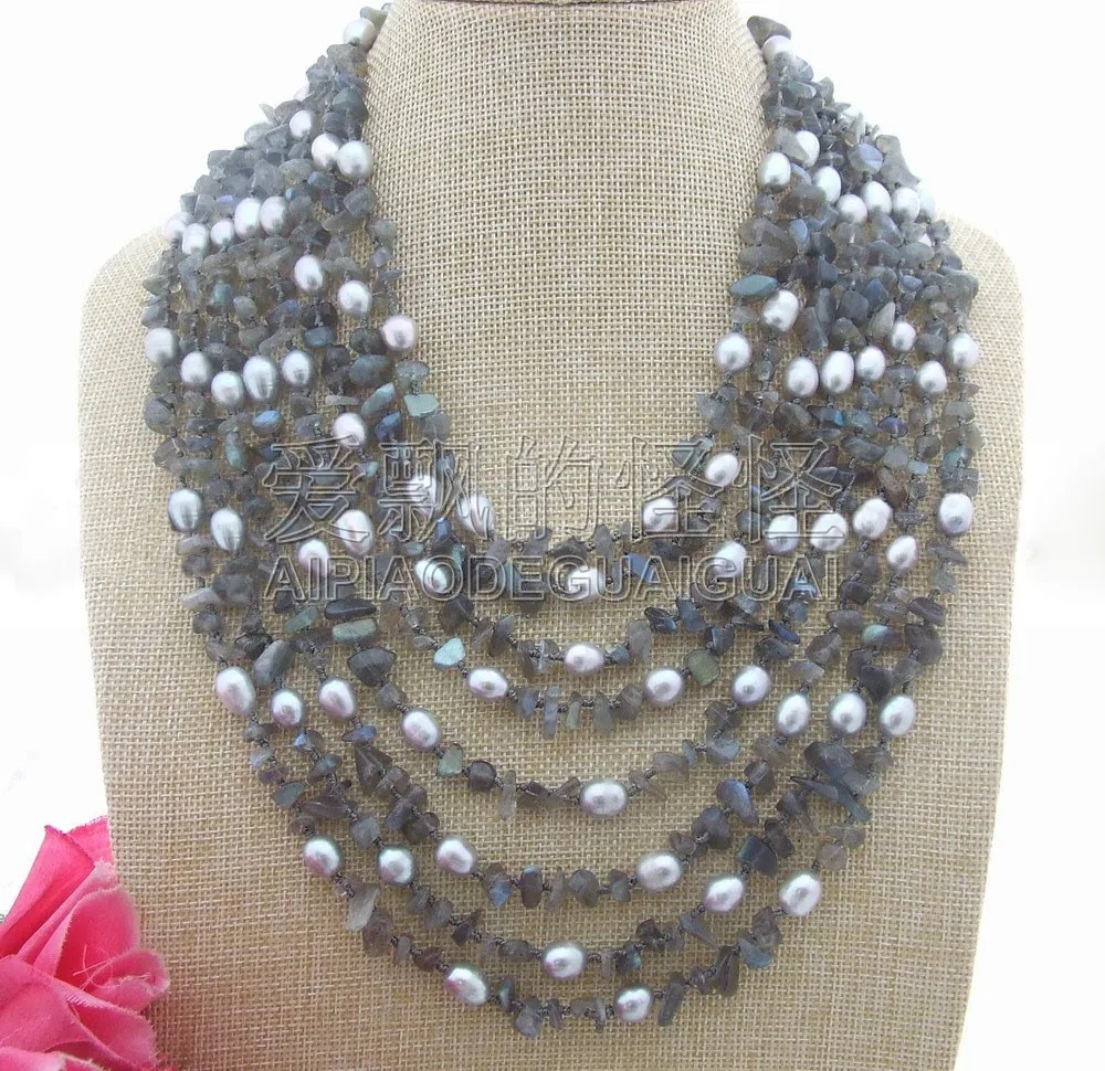 N042002 19 &quot8 нитей жемчуга и Природный лабрадорит ожерелье|natural labradorite|necklace