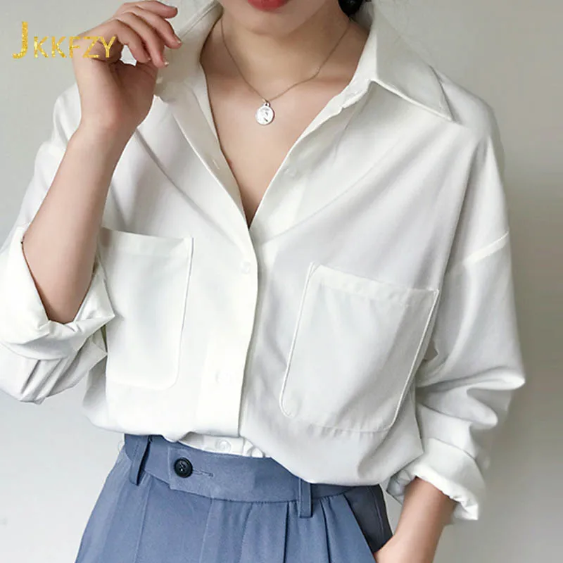 

Белая офисная рубашка для женщин, свободная профессиональная шифоновая блузка с длинным рукавом, Женский однобортный повседневный рабочий...