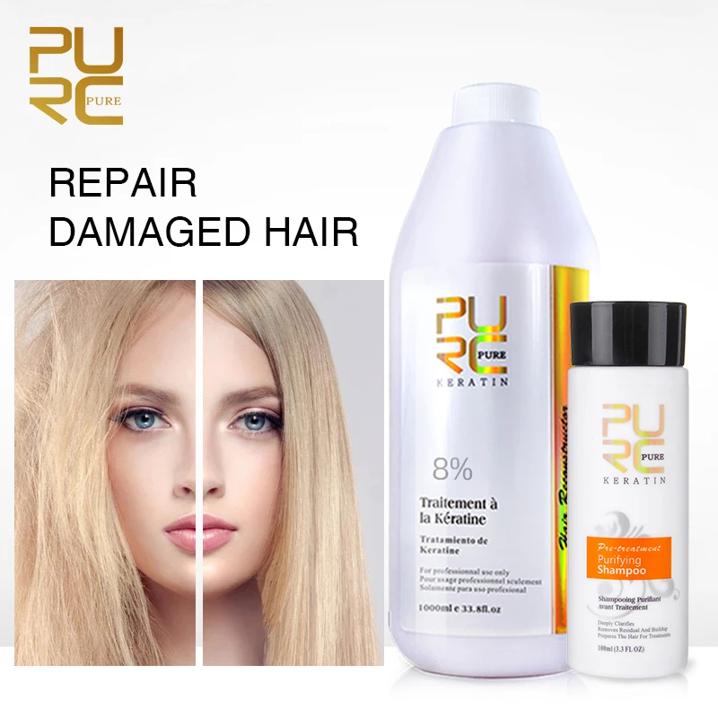 PURC Keratin Hair Treatment Brazilian 8% Formlain 1000ml Keratin and 100ml Purifying Shampoo Straightening Hair Care Set Women