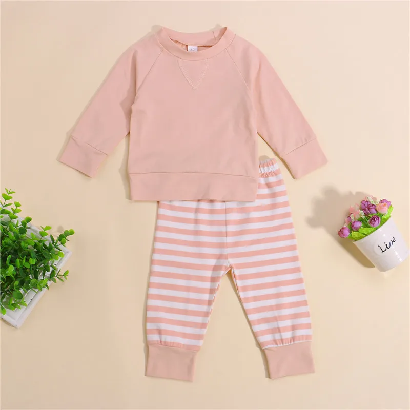 

Детский комплект одежды из 2 предметов на весну и осень, модные однотонные Топы с длинным рукавом и длинные брюки в полоску, комплект одежды, ...