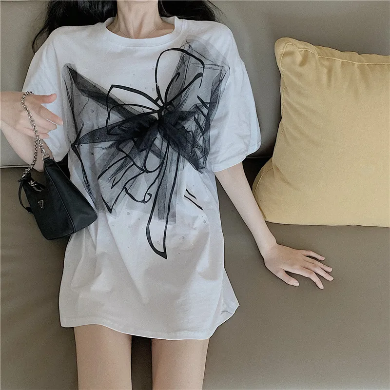 

Summer Women Big Bow T-shirts Lady Loose Long White Tees Lace Bow Knot T-shirts