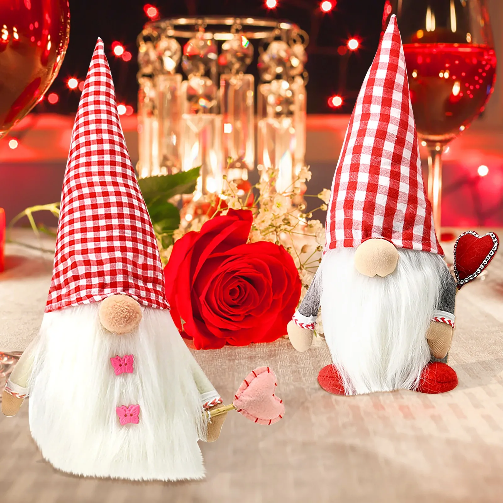 

2pc Valentine's Day Plaid Hat Faceless Doll Gnome Plush Doll Holiday Figurines Kid Toy Decorations Lover Gift Desktop Decor d7