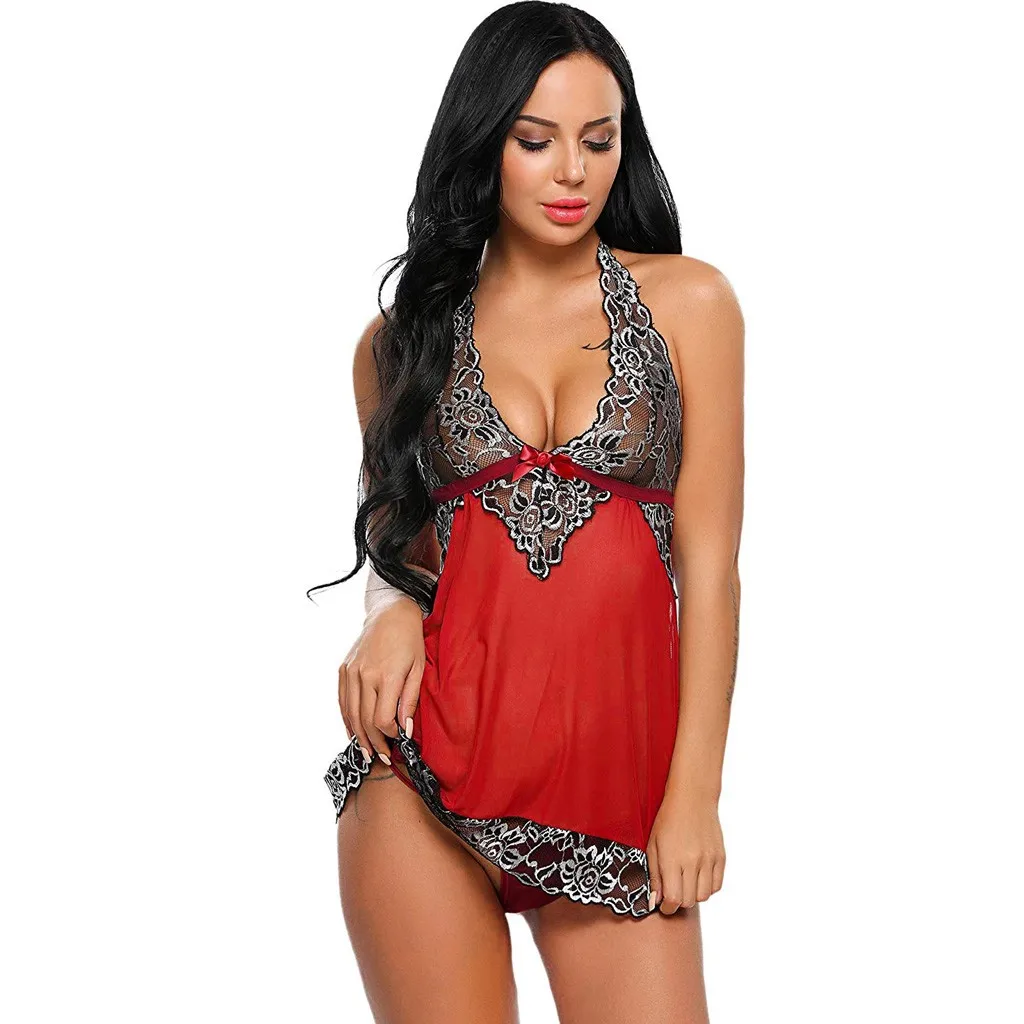 Sexy Lace Nightdress Sleepwear Nightgown V-Neck Thong HomewearWomen Babydoll Underwear Sleep Dress #W | Женская одежда