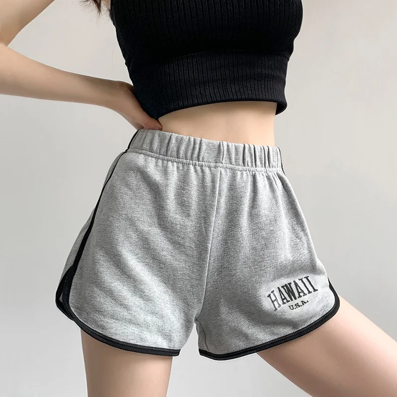 

TVVOVVIN Women Embroidered Letters Elasticated Waist Curved Hem Runner Sweat Shorts With Contrast Edge korean women workout S12D
