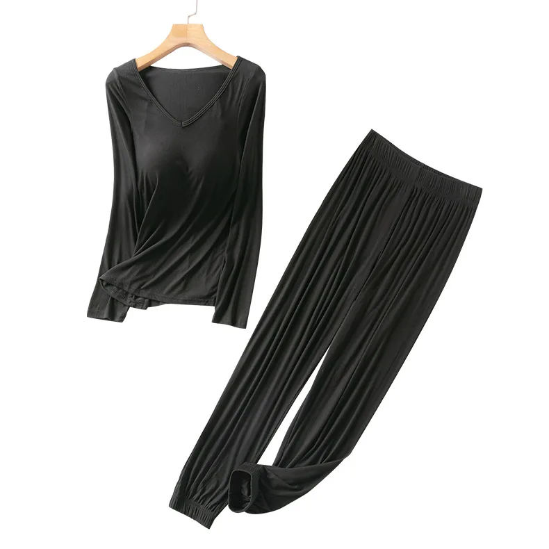 Modal Pajamas Women's Summer Housewear Set with Bra Cushion Casual Solid Color Nightwear Long Sleeve Trousers Sleepwear Lingerie