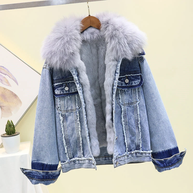 Модная Джинсовая куртка женская с лисьим меховым воротником 2019 новое зимнее