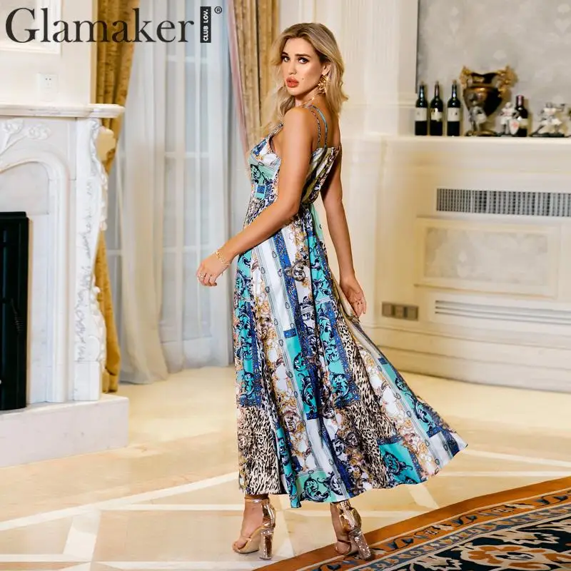 Glamaker, Леопардовый принт, Ретро стиль, макси платье, для женщин, без рукавов, вечерние, для клуба, праздничное платье, сексуальное, винтажное, с высоким разрезом, v-образный вырез, длинное, dvestidos