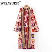 wesay jesi women clothing cardigan traf za handmade crochet hooded full print national style jacquard long sweaters cardigan