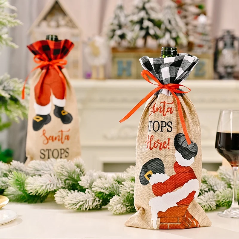 

2 Pcs Christmas Wine Bottle Covers, Santa Claus Climbs Red Wine Bottle for Xmas Party Table Home Decorations-ABUX