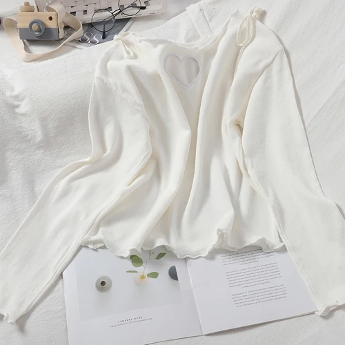 

Korean Love Heart Hollow-out Knitted Pullover Women Long Sleeve Bow Tie O-neck Knitwear Slim Fashion Pull Femme Cotton Polyester