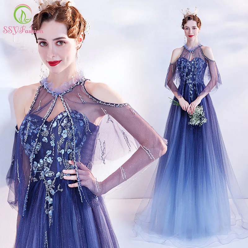 

SSYFashion New Luxury Blue Evening Dress for Women Sweetheart Appliques Beading A-line Long Prom Formal Gown with Shawl Vestidos