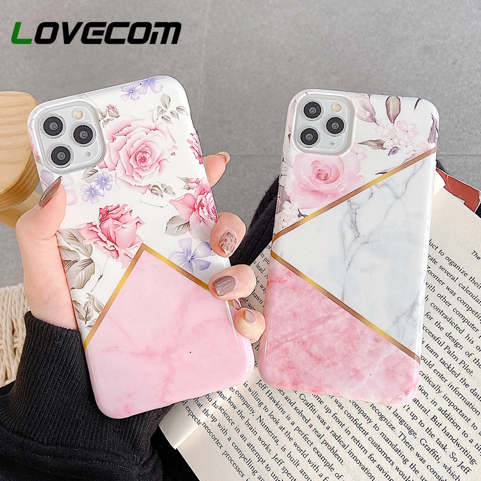 Чехол для телефона с геометрическим мрамором и розовыми цветами iPhone 11 Pro Max XR X XS 7 8
