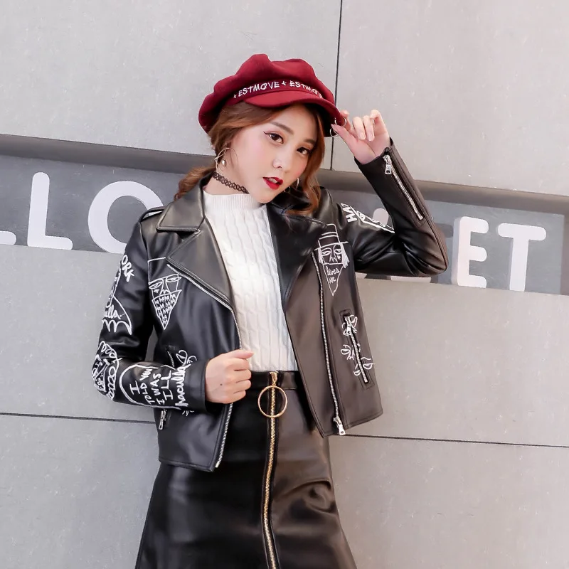 

Women's Korean pu embroidered motorcycle jacket slim short coat leather jacket