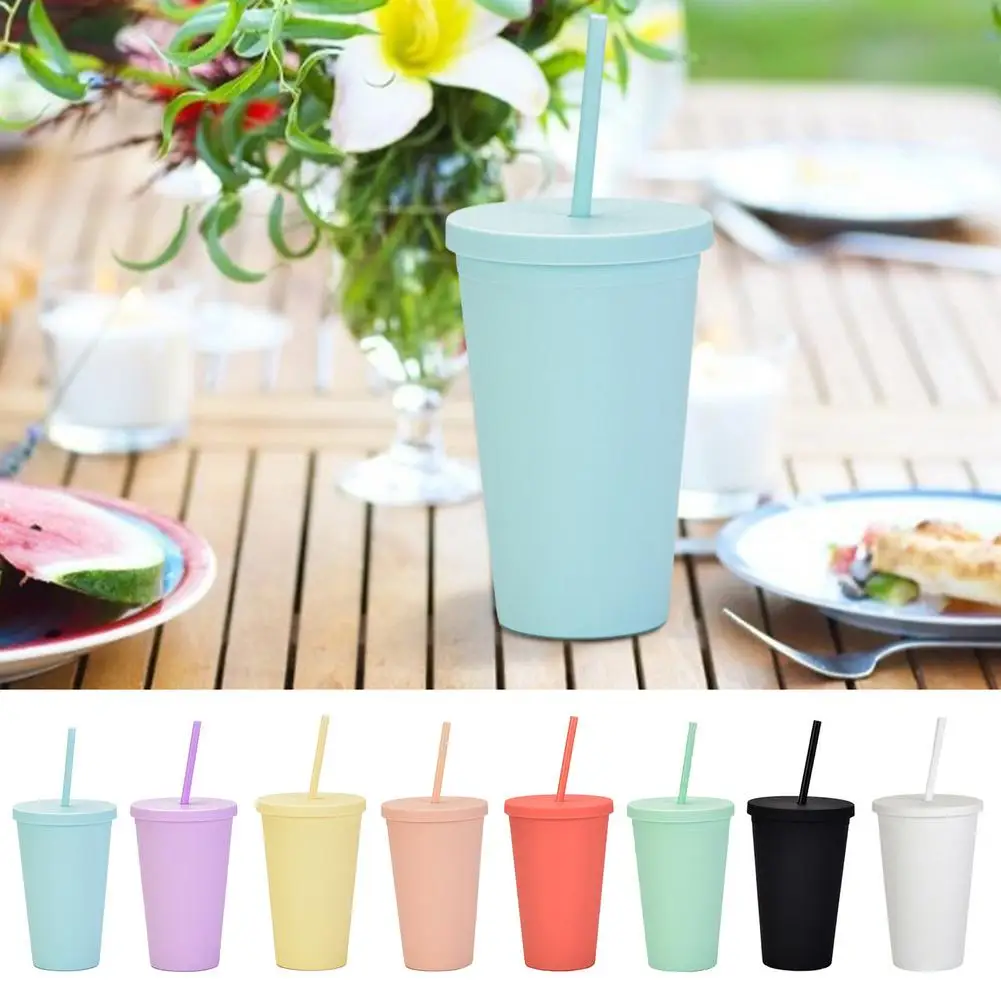 Cup With Straw Matte Candy Color Double Layer Plastic 16OZ Can Hold Water And Coffee Mug Acrylic Tumbler For Cold Hot Drinks