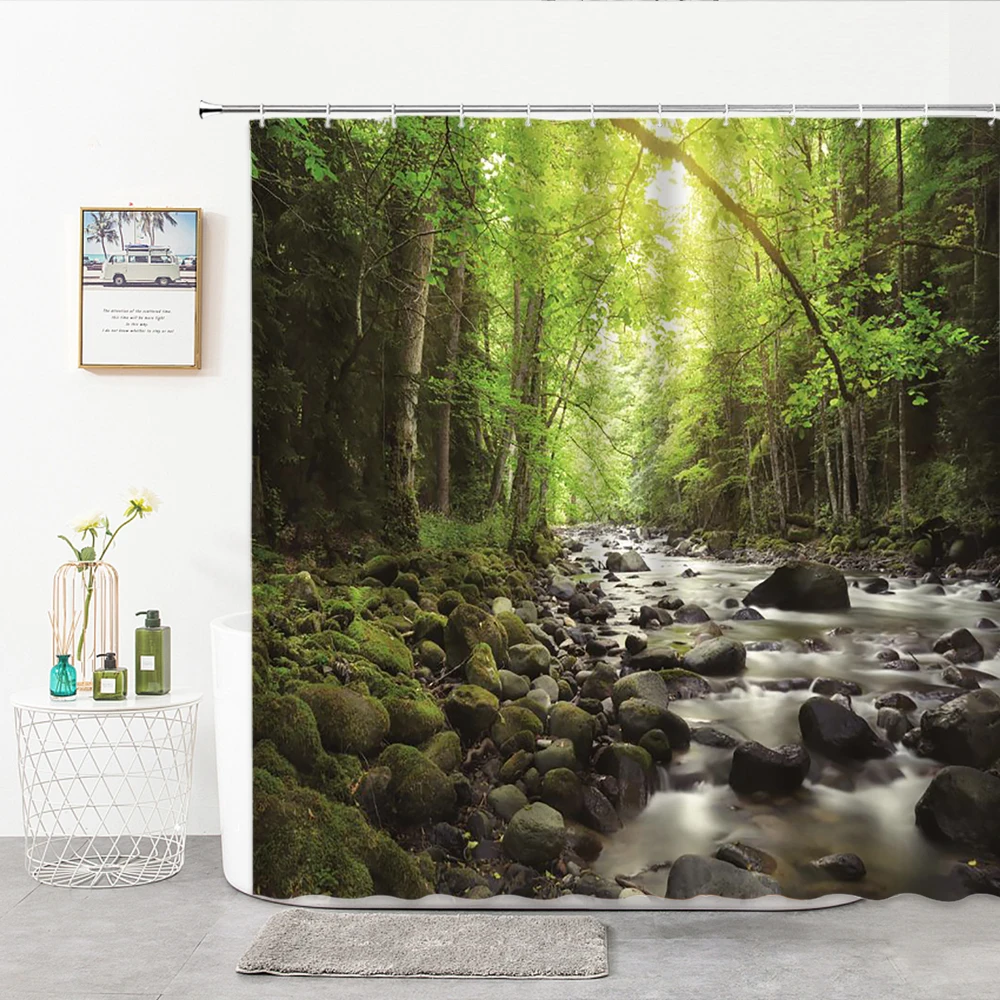 

Modern 3D Printing Forest Shower Curtain Green Plant Tree Landscape Home Bathroom Decor Curtain With Hook Bathroom Scenery