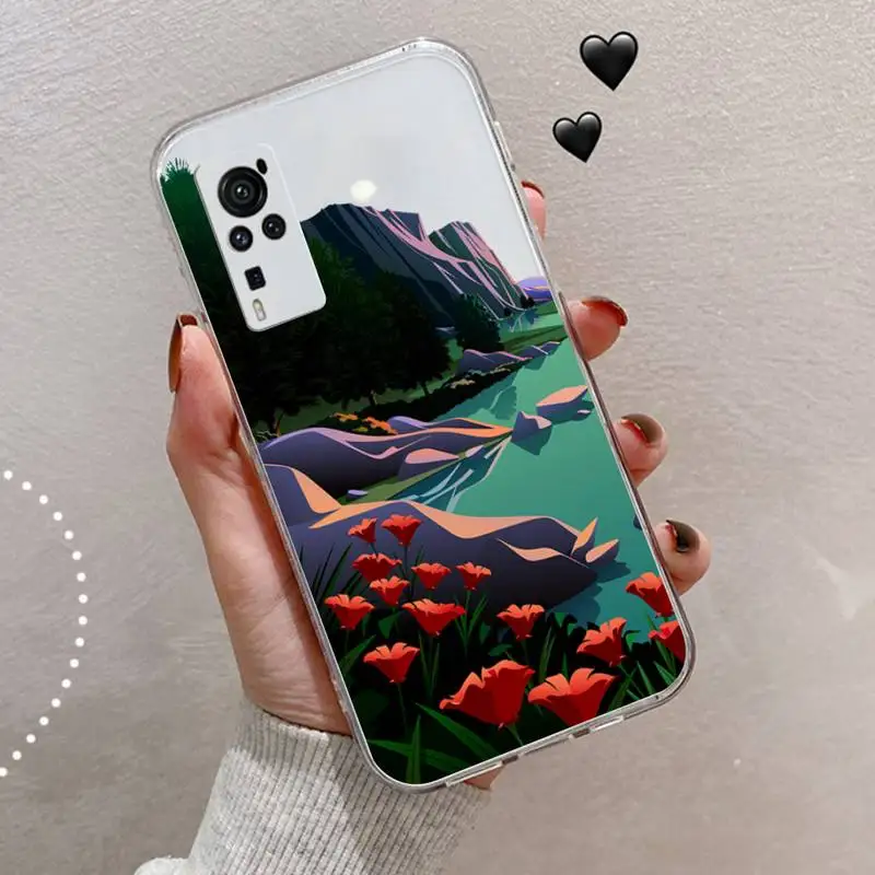 

Hand Painted Landscape art pattern Phone Case Transparent for vivo X 50 60 30 21 27 20 7 9 i s pro plus