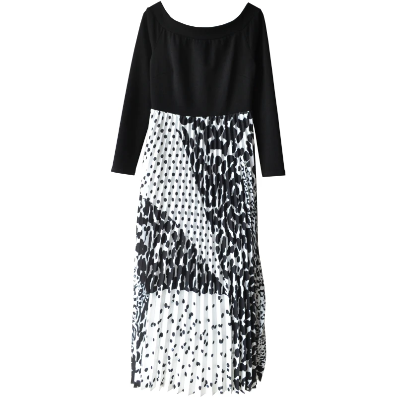 2021 New Spring Autumn  Black And White Spot Pleated Maxi Pleated Dress Size 0-4 UK Fashion