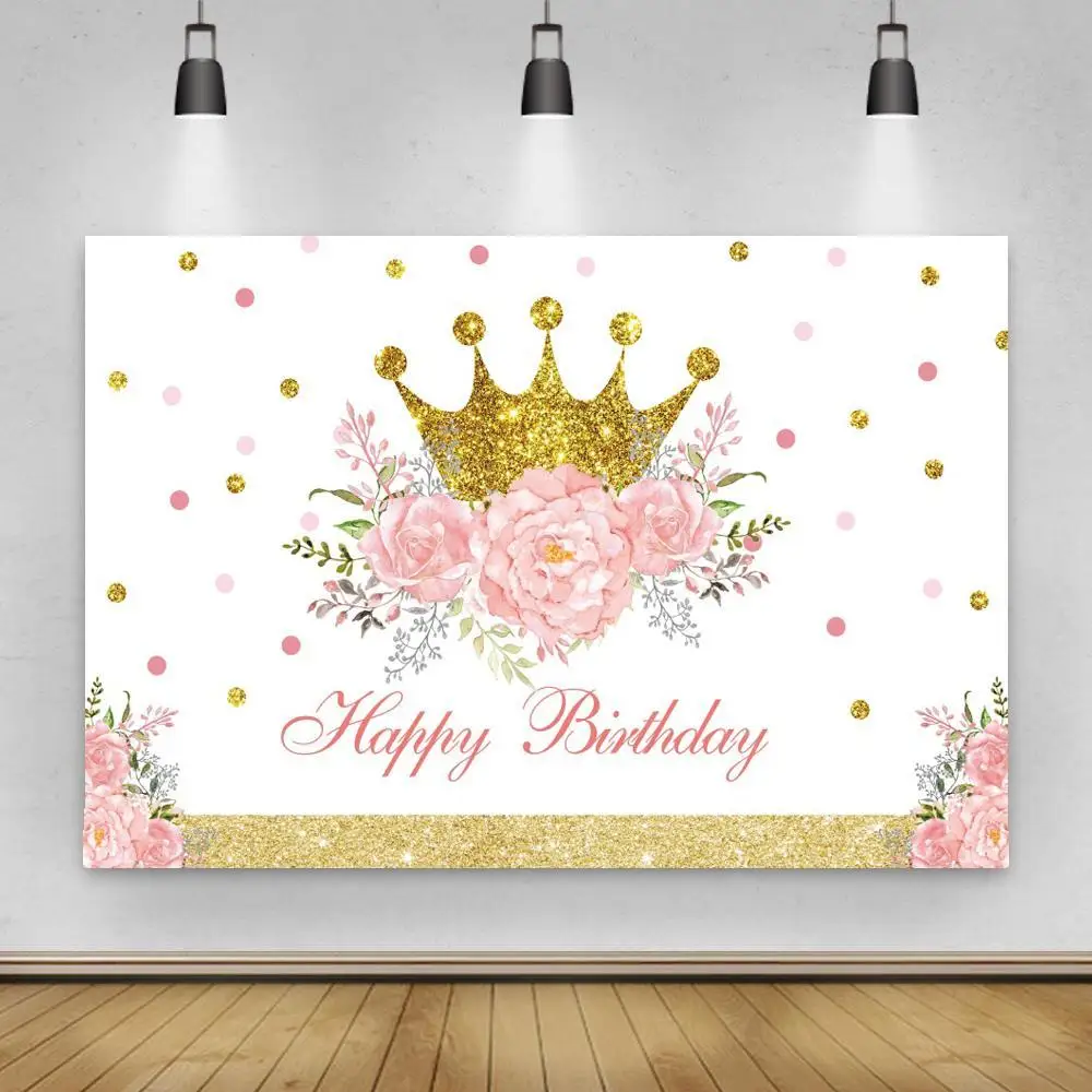 

Adult Birthday Party Photo Backdrops Golden Crown Flowers Princess Queen Girl Photograhpy Backgrounds Cake Dinner Table Decor