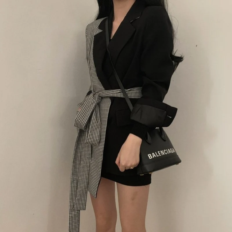 DEAT 2020 Autumn And Winter New Fashion Plaid Stitching Irregular Tie With Long Lapels Suit Jacket Female PB635 |