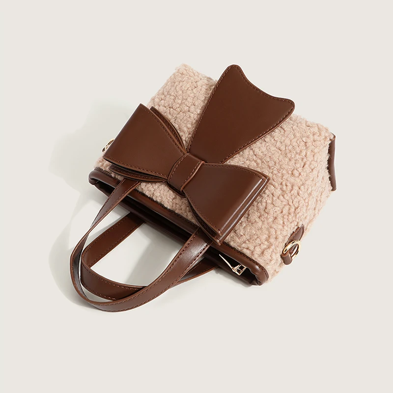 Autumn And Winter New Women's Handbag Lamb Down Bow Decoration Pu Leather 2021 Brand Designer Japanese Cute Shopping Fashion Bag