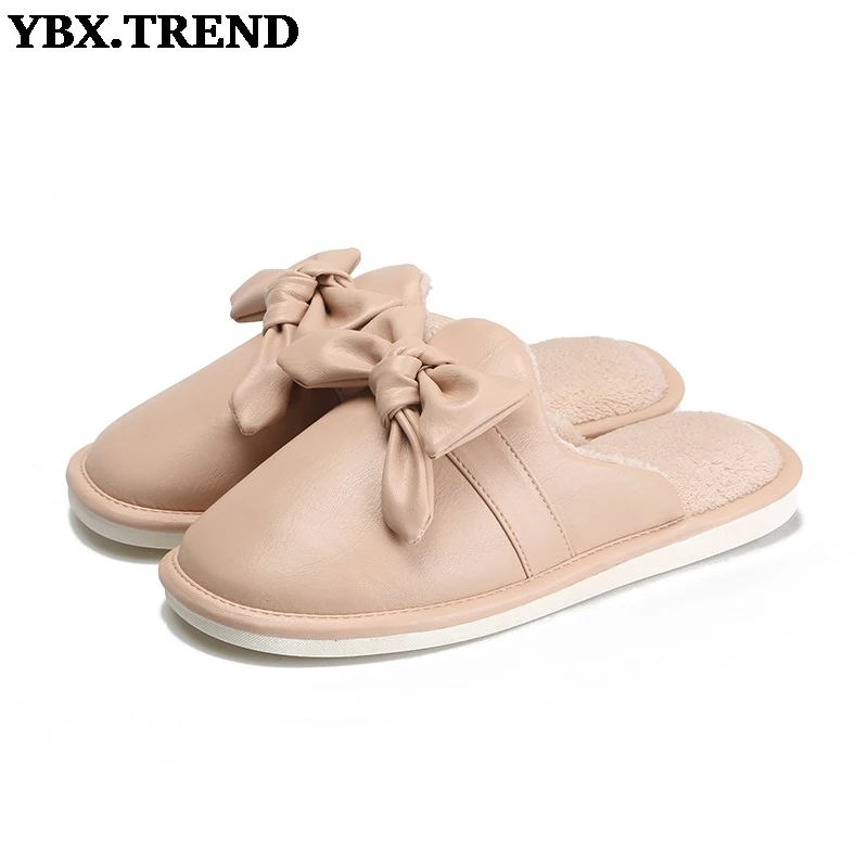 

Autumn Winter Home Ladies Warm Slippers Flat Fashion Sweet Bowknot House Shoe 2021 New Short Plush Woman Floor Female Soft Shoes