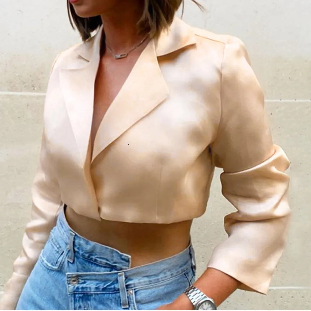 Женский однотонный Атлас обрезанный Блейзер длинный рукав с закрытой грудью