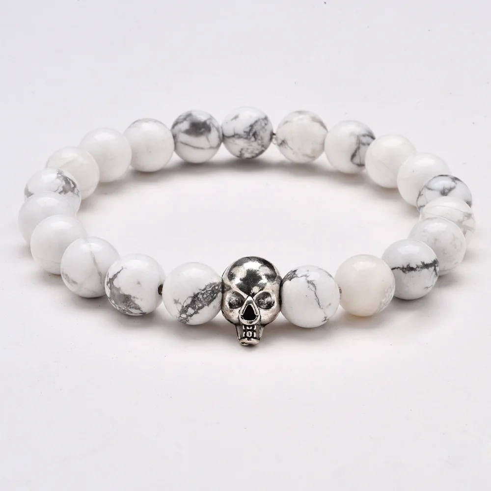 

2021 New Hot Selling European And American Jewelry 8Mm Imported White Pine Volcanic Stone Skull Bracelet Bijoux