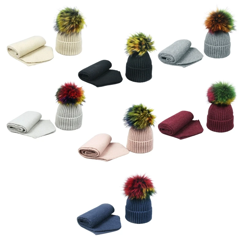 

Детский Зимний вязаный комплект из 2 предметов: Шапка-бини с длинным шарфом, разноцветный пушистый помпон для малышей с манжетами и черепом