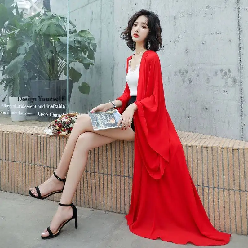 Длинное кимоно Geskeey однотонная Шифоновая туника в богемном стиле для пляжа лета |